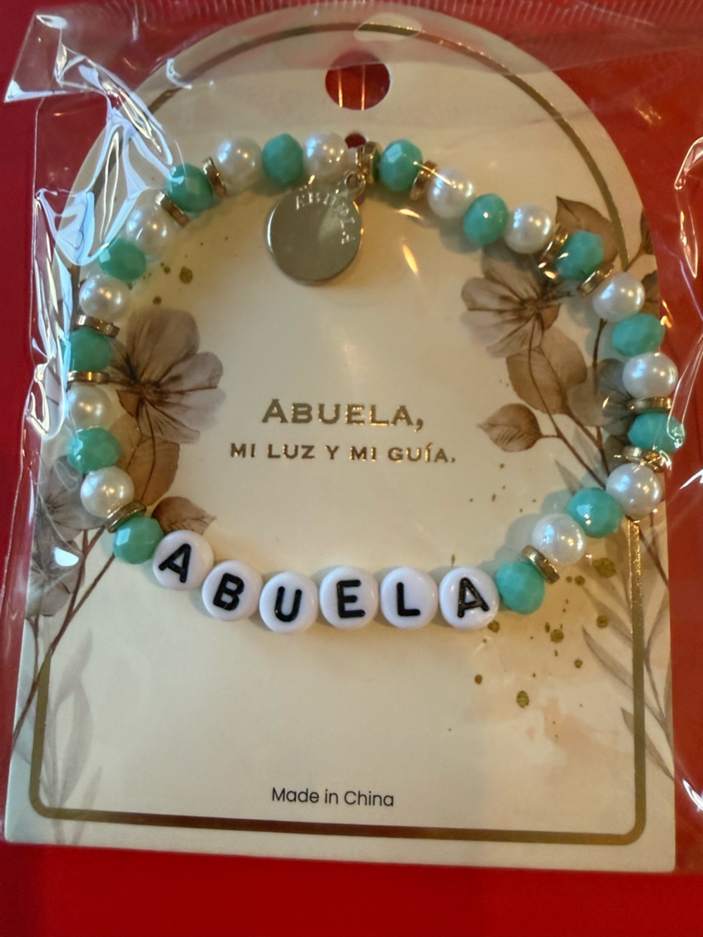 Abuela Beaded Name Bracelet in Turquoise and Pearl